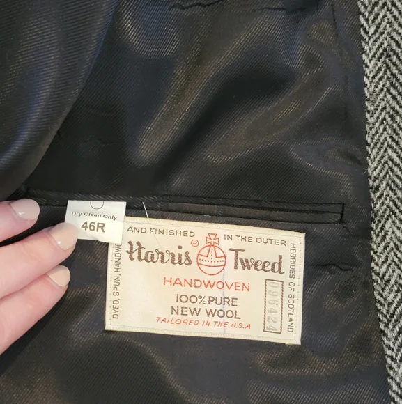 Vintage Harris Tweed Grey Herringbone Blazer Hardwick Clothes 46R Made In USA